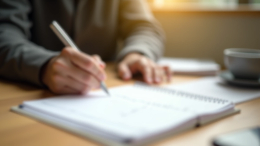 Close-up of hands holding a notebook with handwritten notes on a wooden desk, natural morning light, minimalist workspace