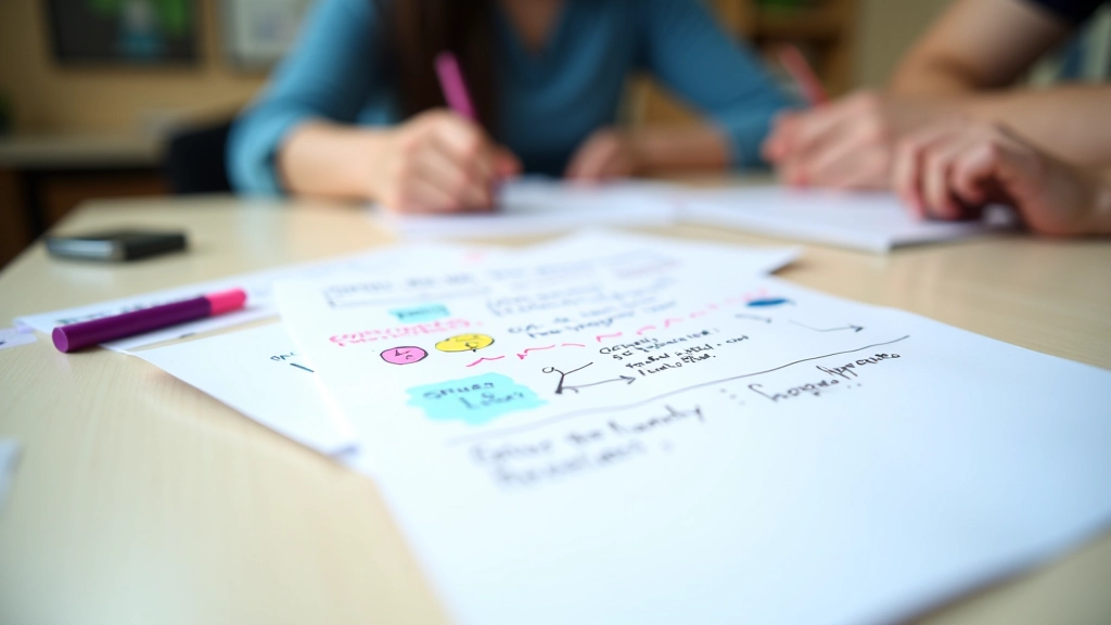 Close-up of handwritten notes with diagrams and highlighted text on white paper