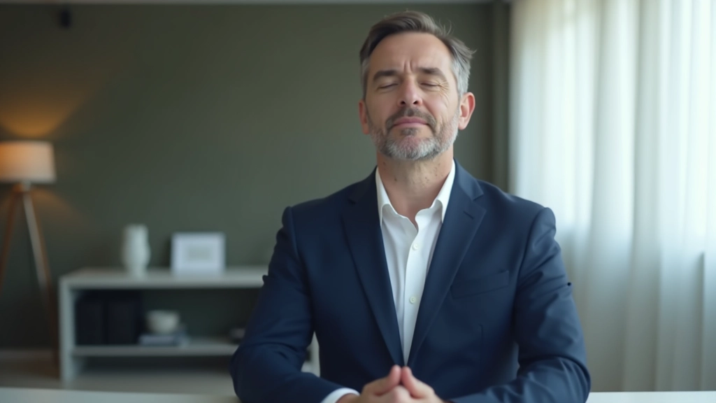 Man in dark blazer sitting in meditation pose at clean minimalist workspace
