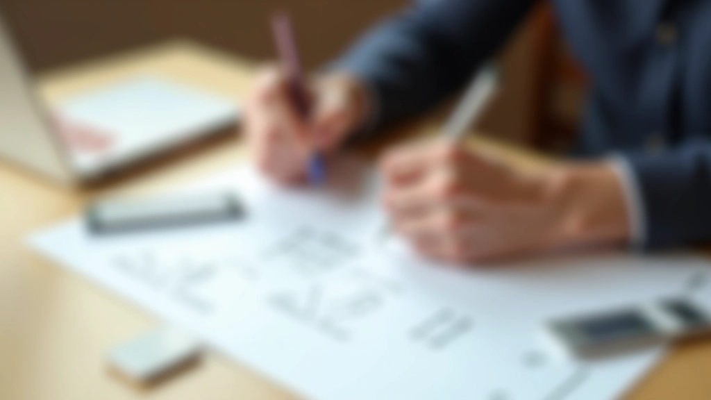 Mature hands holding pen over organized notes and mind map diagram on paper, focused work environment with warm lighting