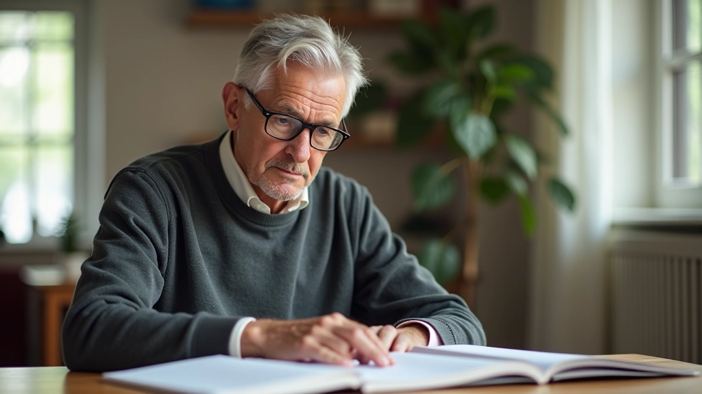 Mature person engaged in focused study with open books and handwritten notes at a wooden desk in natural lighting