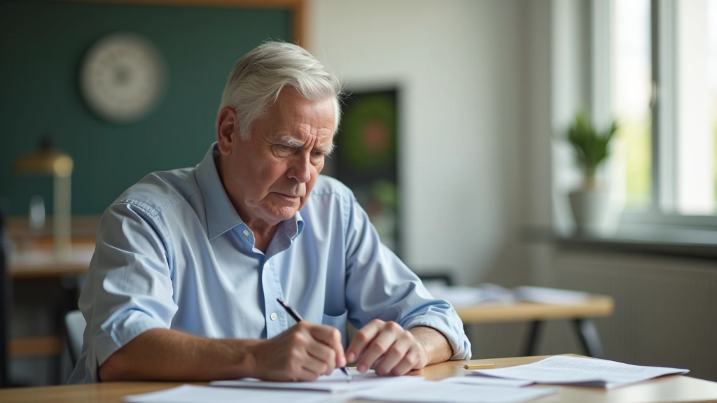 Mature person engaged in learning new skill with concentration and focus at a study table