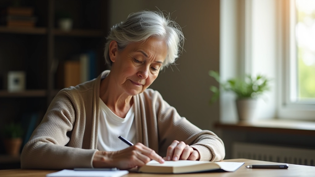 Mature woman concentrating while reading a book at wooden desk with notebook and pen