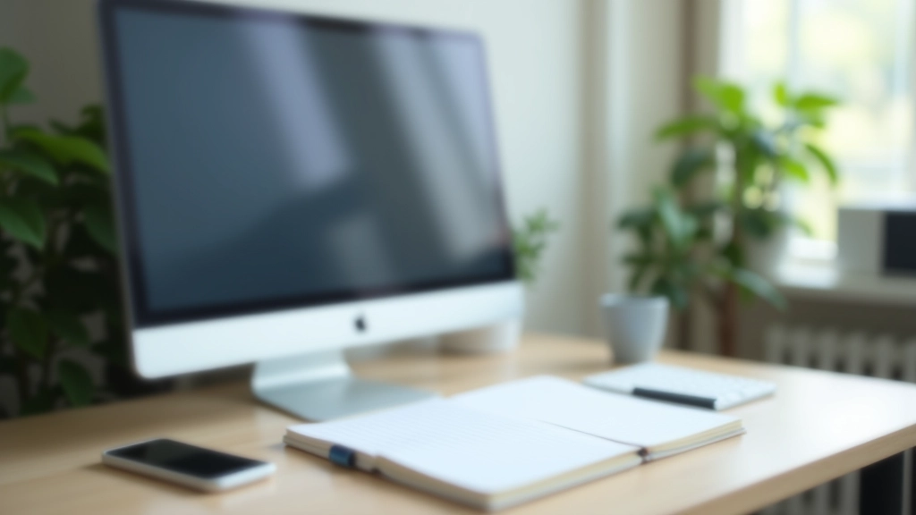 Clean desk with single monitor displaying work project, phone put away, minimal visual clutter, organized workspace
