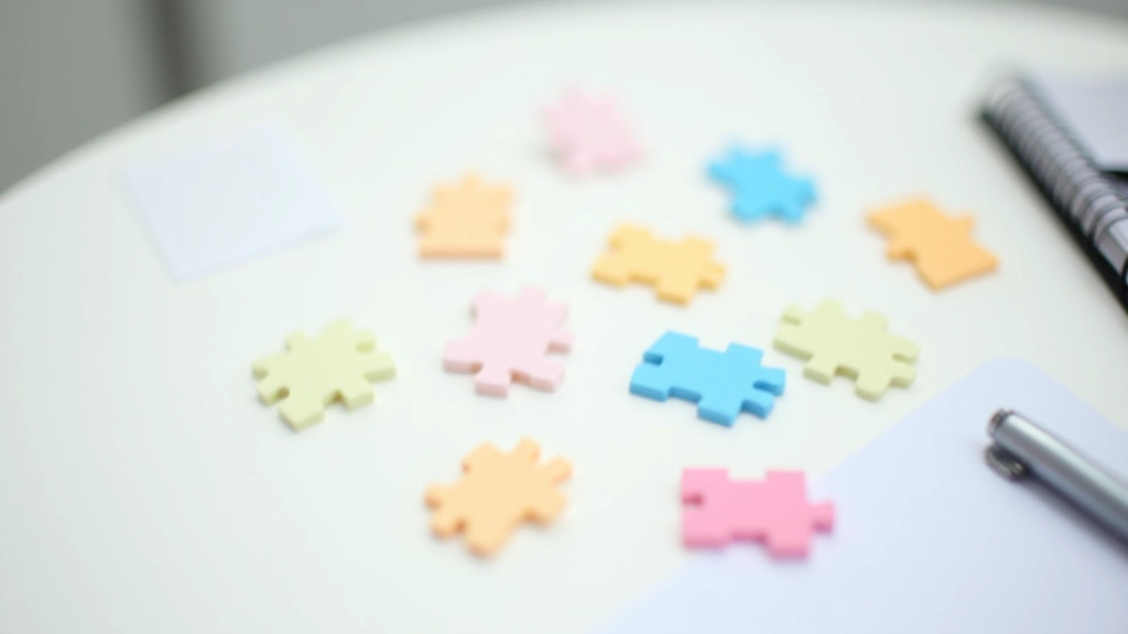 Detailed overhead view of brain training game pieces and memory cards arranged on a white surface with notebook and pen nearby