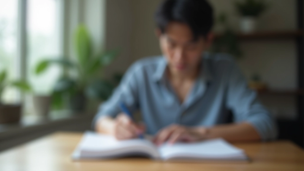 Person reading at a desk with an open book, taking notes, focused and engaged with natural window lighting