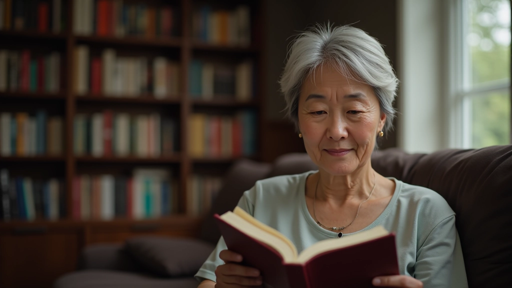 Person reading a book with full concentration in a comfortable home library setting with bookshelves visible