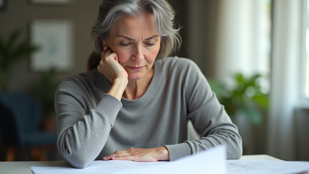 Woman in her fifties seated at desk with hand on chin, thoughtfully studying architectural blueprint spread before her, bright natural light